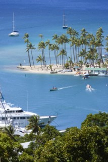 WEST INDIES, St Lucia, Castries , Marigot Bay Yachts at anchor beyond the small coconut palm tree