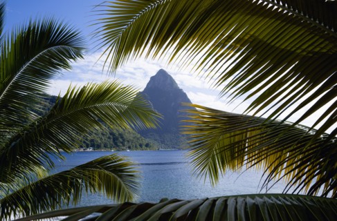 WEST INDIES, St Lucia, Soufriere, The volcanic plug mountain of Petit Piton seen through the