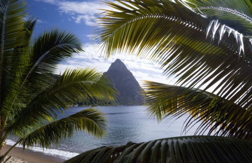 WEST INDIES, St Lucia, Soufriere, The volcanic plug mountain of Petit Piton seen through the