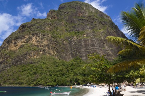WEST INDIES, St Lucia, Soufriere , Val des Pitons The white sand beach at the Jalousie Plantation
