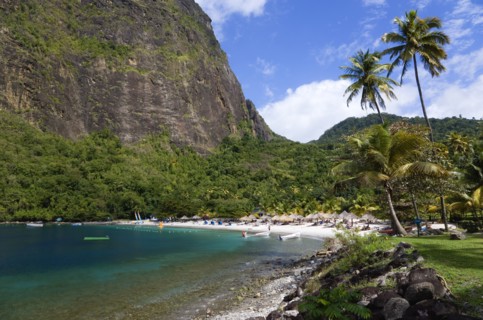 WEST INDIES, St Lucia, Soufriere , Val des Pitons The white sand beach at the Jalousie Plantation