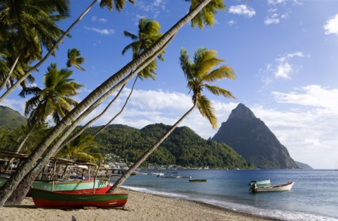 WEST INDIES, St Lucia, Soufriere, Fishing boats on the beach lined with coconut palm trees with the