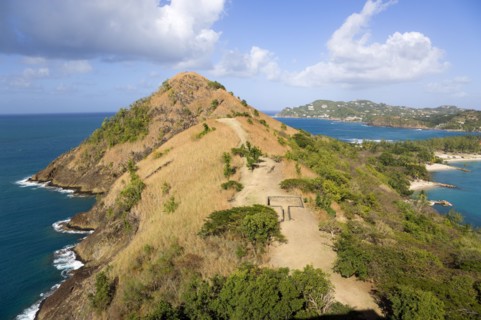 WEST INDIES, St Lucia, Gros Islet , Pigeon Island National Historic Park Signal Hill seen from Fort
