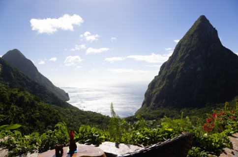 WEST INDIES, St Lucia, Soufriere , Val des Pitons View from Ladera Spa Resort Hotel overlooking the