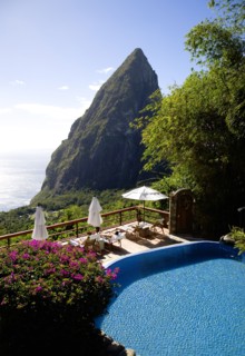 WEST INDIES, St Lucia, Soufriere , Val des Pitons Tourists sunbathing on the sun deck beside the