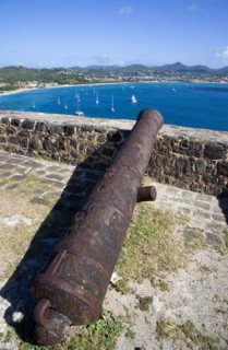 WEST INDIES, St Lucia, Gros Islet , Pigeon Island National Historic Park Cannon at Fort Rodney