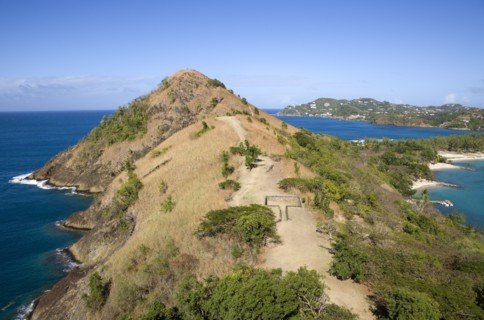 WEST INDIES, St Lucia, Gros Islet , Pigeon Island National Historic Park Signal Hill seen from Fort
