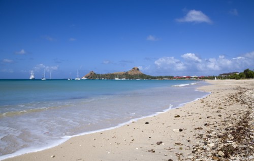 WEST INDIES, St Lucia, Gros Islet , Pigeon Island National Historic Park seen from a nearby beach