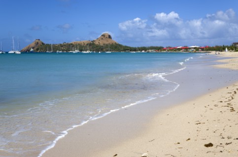 WEST INDIES, St Lucia, Gros Islet , Pigeon Island National Historic Park seen from a nearby beach