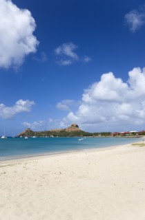 WEST INDIES, St Lucia, Gros Islet , Pigeon Island National Historic Park seen from a nearby beach