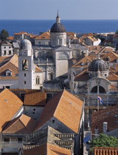 CROATIA, Dalmatia, Dubrovnik, "Elevated view across terracotta tiled roof tops in the Old City