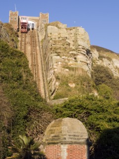 ENGLAND, East Sussex, Hastings, The East Hill Lift. View looking up at the steepest funicular
