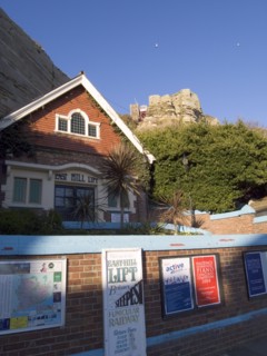 ENGLAND, East Sussex, Hastings, The East Hill Lift. View looking up at the steepest funicular