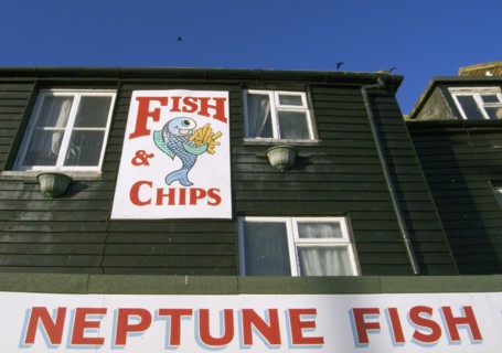 ENGLAND, East Sussex, Hastings, Fish and Chips shop take away frontage