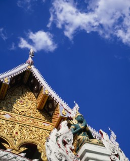 THAILAND, North, Chiang Mai, "Green and gold painted statue of Rama, an incarnation of Vishnu often