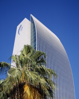 UAE, Dubai, National Bank of Dubai on Dubai creek with palm in foreground.
