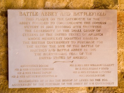 ENGLAND, East Sussex, Battle, Battle Abbey. Battlefield Plaque on stone wall by the gatehouse