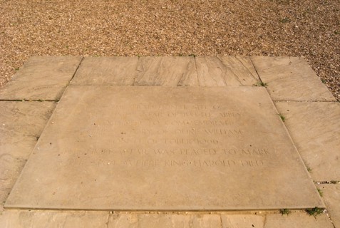 ENGLAND, East Sussex, Battle, Battle Abbey. Plaque marking the spot where King Harold fell in the
