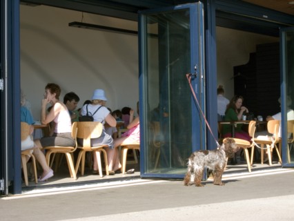 ENGLAND, West Sussex, Littlehampton, Customers sitting at tables inside the East Beach Cafe