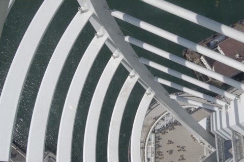 ENGLAND, Hampshire, Portsmouth, Gunwharf Quays. The Spinnaker Tower. View looking down through the