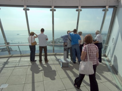 ENGLAND, Hampshire, Portsmouth, "Gunwharf Quays. The Spinnaker Tower. Interior view with visitors