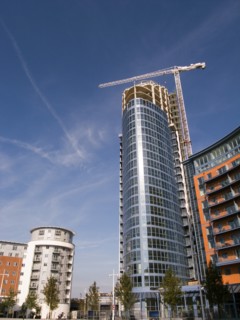 ENGLAND, Hampshire, Portsmouth, Gunwharf Quays complex. A development of tall modern apartments in