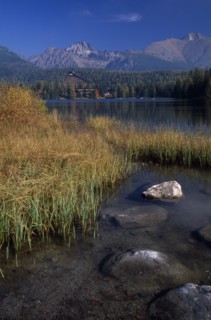SLOVAKIA, Carpathian Mtns, High Tatras Mtns, Strbske Pleso.  View across lake towards distant