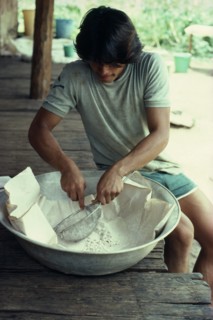 COLOMBIA, Vaupes, William  half-Tukano Indian whose father runs this illegal cocaine lab.  Sieves