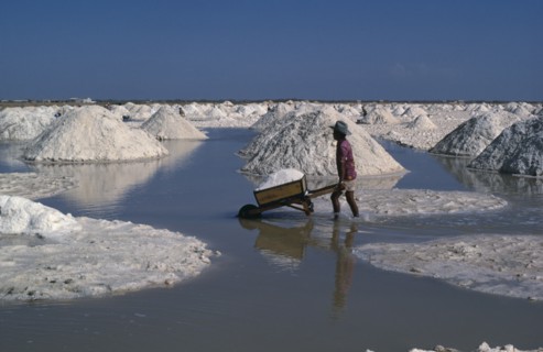 COLOMBIA, La Guajira , Manaure, Manaure Salt Mines in the Guajira Peninsula. A worker pushing a