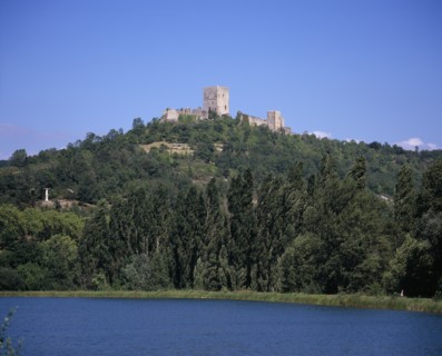 FRANCE, Languedoc-Roussillon, Aude, "Chateau Puivert, view from south high on wooded hillside above