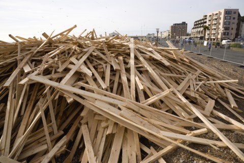 ENGLAND, West Sussex, Worthing, Timber washed up on the beach from the Greek registered Ice