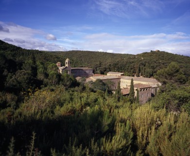FRANCE, Languedoc-Roussillon, Aude, Fontfroide.  Rooftops and bell tower of former Cistercian Abbey