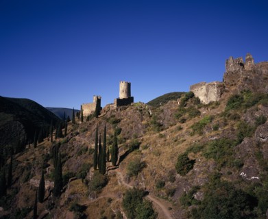 FRANCE, Languedoc-Roussillon, Aude, "Chateaux de Lastours. Cathar castles.  From left to right