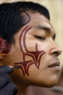 COLOMBIA, North West Amazon, Tukano Indigenous Tribe, Barasana man (sub group of Tukano) decorating