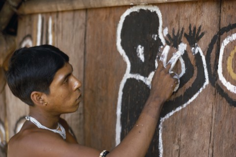 COLOMBIA, North West Amazon, Tukano Indigenous Tribe, Barasana man (sub group of Tukano) paints
