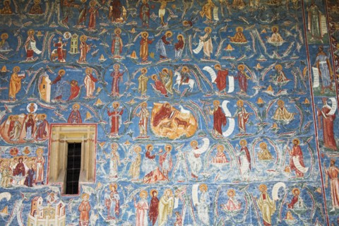 ROMANIA, Moldavia, Bucovina, "Frescoes on outside south wall, Voronet Monastery, near Gura