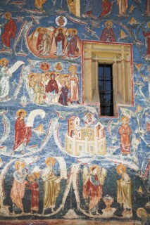 ROMANIA, Moldavia, Bucovina, "Frescoes on outside south wall, Voronet Monastery, near Gura