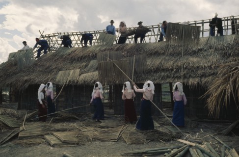 20088785 CHINA  People Tia minority men and women working together to thatch building.