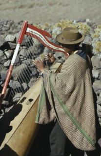 PERU, Music, Quechua Indian man playing traditional harp.