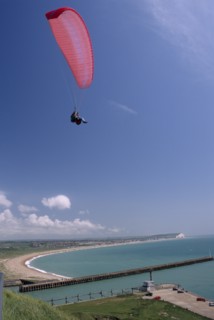 SPORT, Air, Paragliding, "Tandem paraglider above Fort Newhaven with the Mole, Lighthouse, Seaford