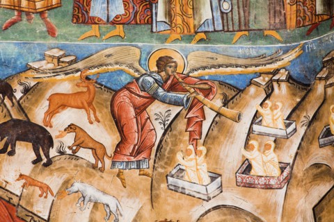 ROMANIA, Moldavia, Bucovina, "Part of Last Judgement fresco on wall, Voronet Monastery, near Gura