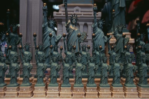 USA, New York, New York City, Statue of Liberty souvenirs for sale on 31st Street.