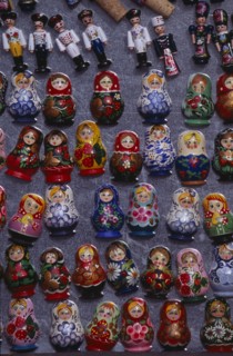 HUNGARY, Budapest, Colourful painted matryoshka dolls for sale in souvenir shop.