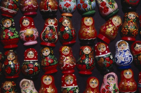 HUNGARY, Budapest, Colourful painted matryoshka dolls for sale in souvenir shop.  Displayed in