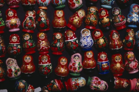 HUNGARY, Budapest, Colourful painted matryoshka dolls for sale in souvenir shop.  Displayed in