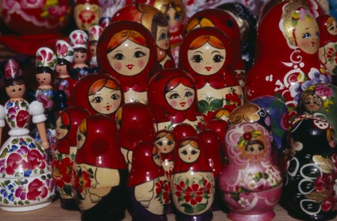 HUNGARY, Budapest, Colourful painted matryoshka dolls for sale in souvenir shop.