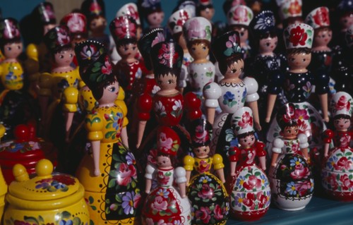 HUNGARY, Budapest, Colourful painted matryoshka dolls for sale in souvenir shop.