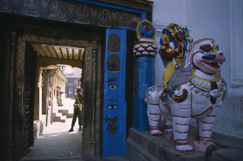 NEPAL, Kathmandu, Dubar Square. Royal Palace or Hanuman Dhoka. Statue of Shakti riding a lion next