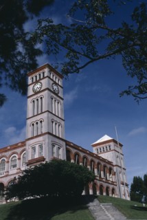 BERMUDA, Hamilton, "Sessions House Supreme Court building, exterior part framed by trees."