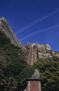 ENGLAND, East Sussex, Hastings, The East Hill Lift. View looking up at the steepest funicular